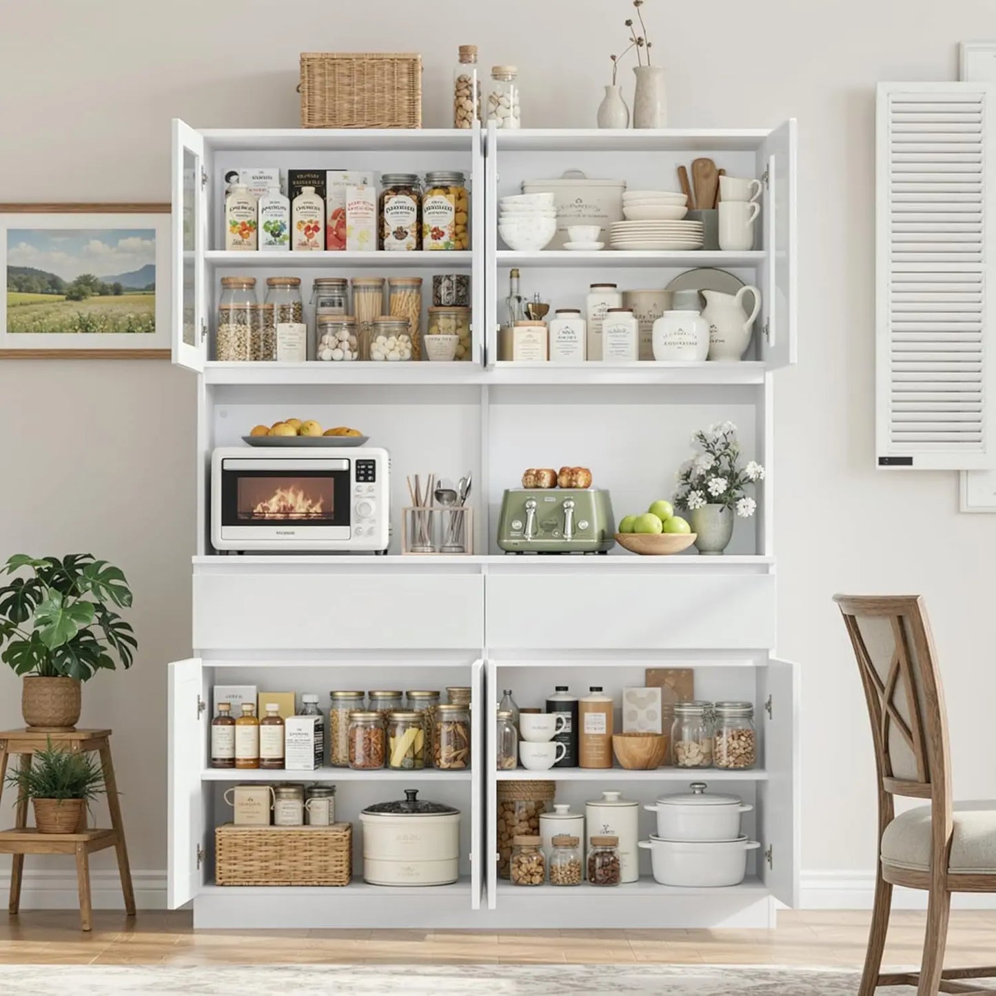 Solid Wood Kitchen Pantry Cabinet With Glass Doors And Drawers