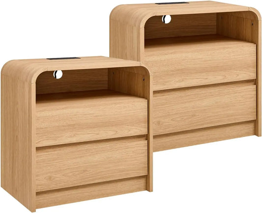 Modern Wood Nightstands With Charging Station And Two Drawers