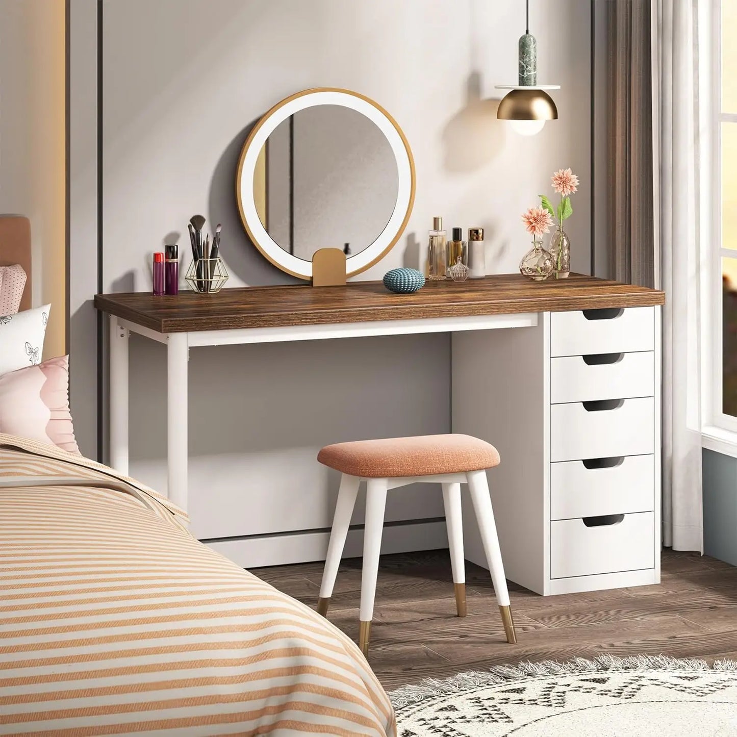 Vanity Desk With 3 Drawers Dressing Table For Bedroom Wood