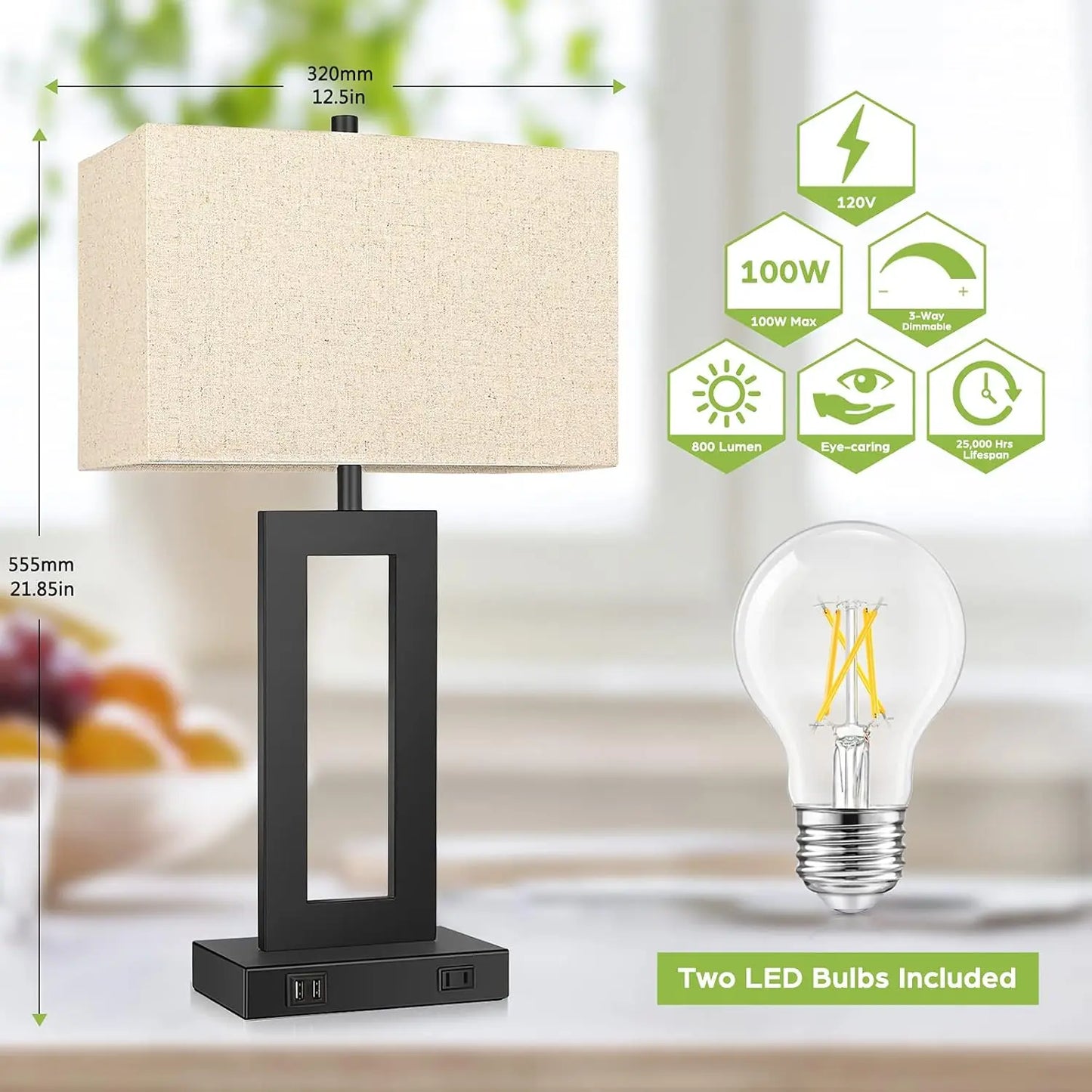 Two Pack Touch Lamps With USB Ports Dimmable Nightstand Lamp