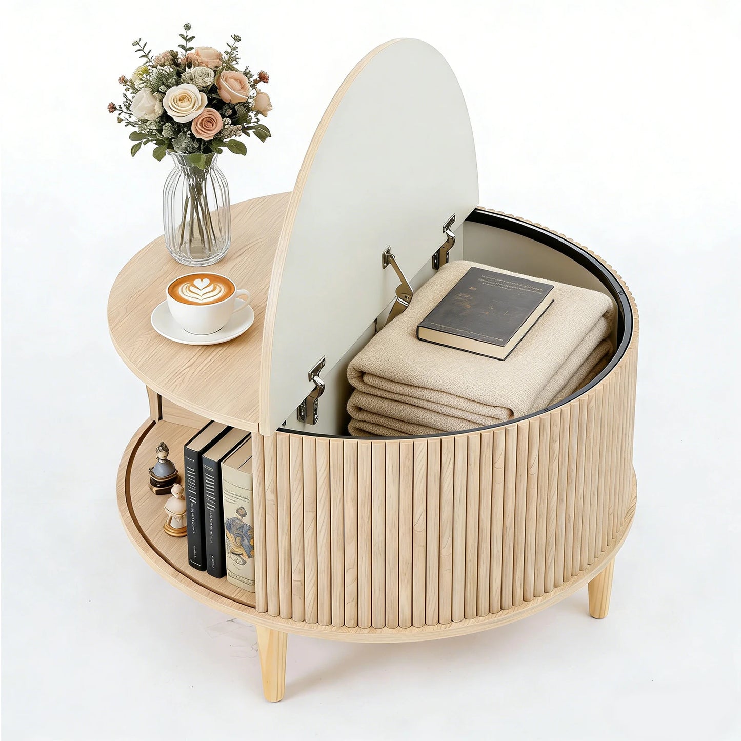 JHK 31IN Round Coffee Table with Flip-Top Storage Fluted Center Table 2-Tier Wood Desktop with Sliding Cabinet Door Living Room