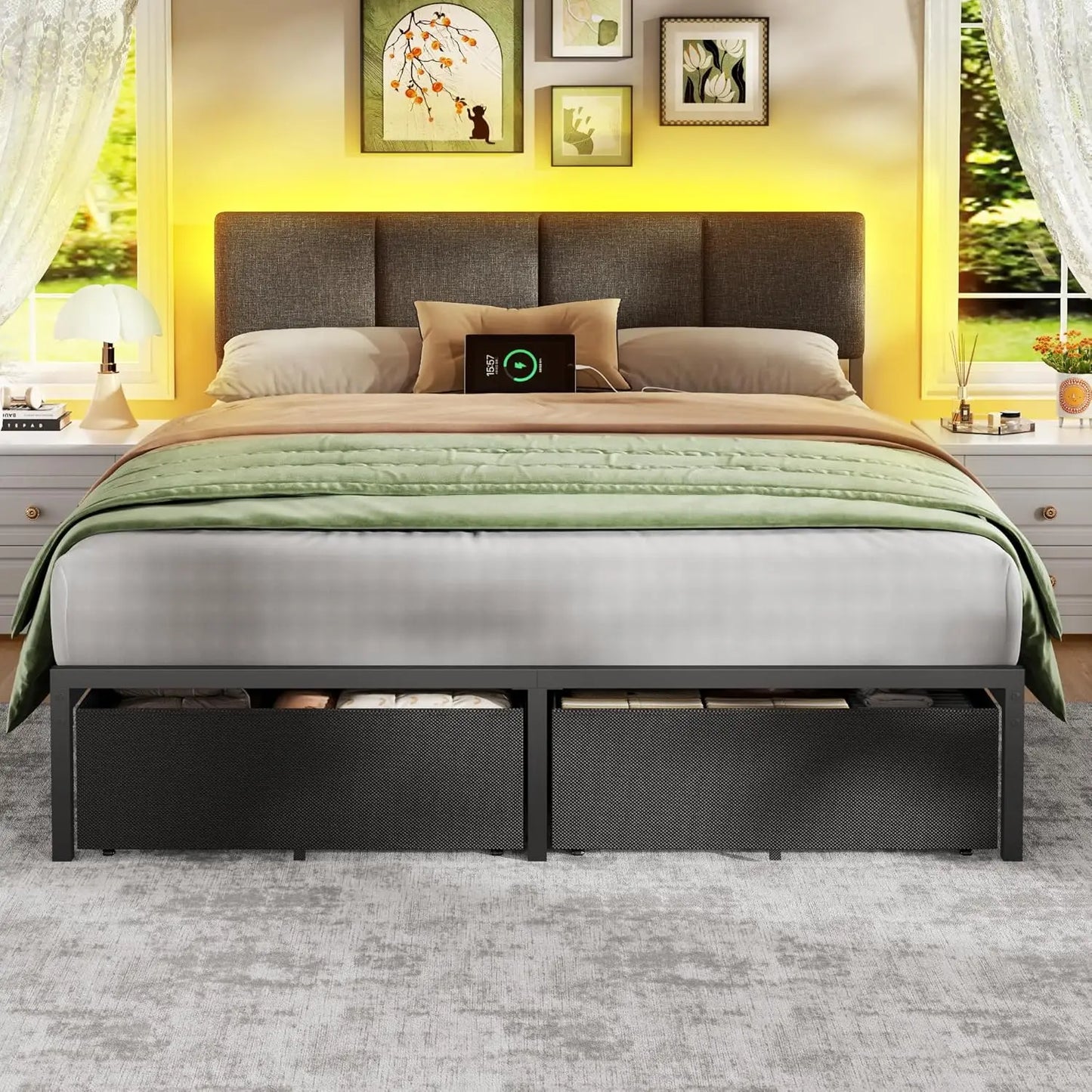 Queen Bed Frame With Adjustable Headboard And USB Storage Drawers