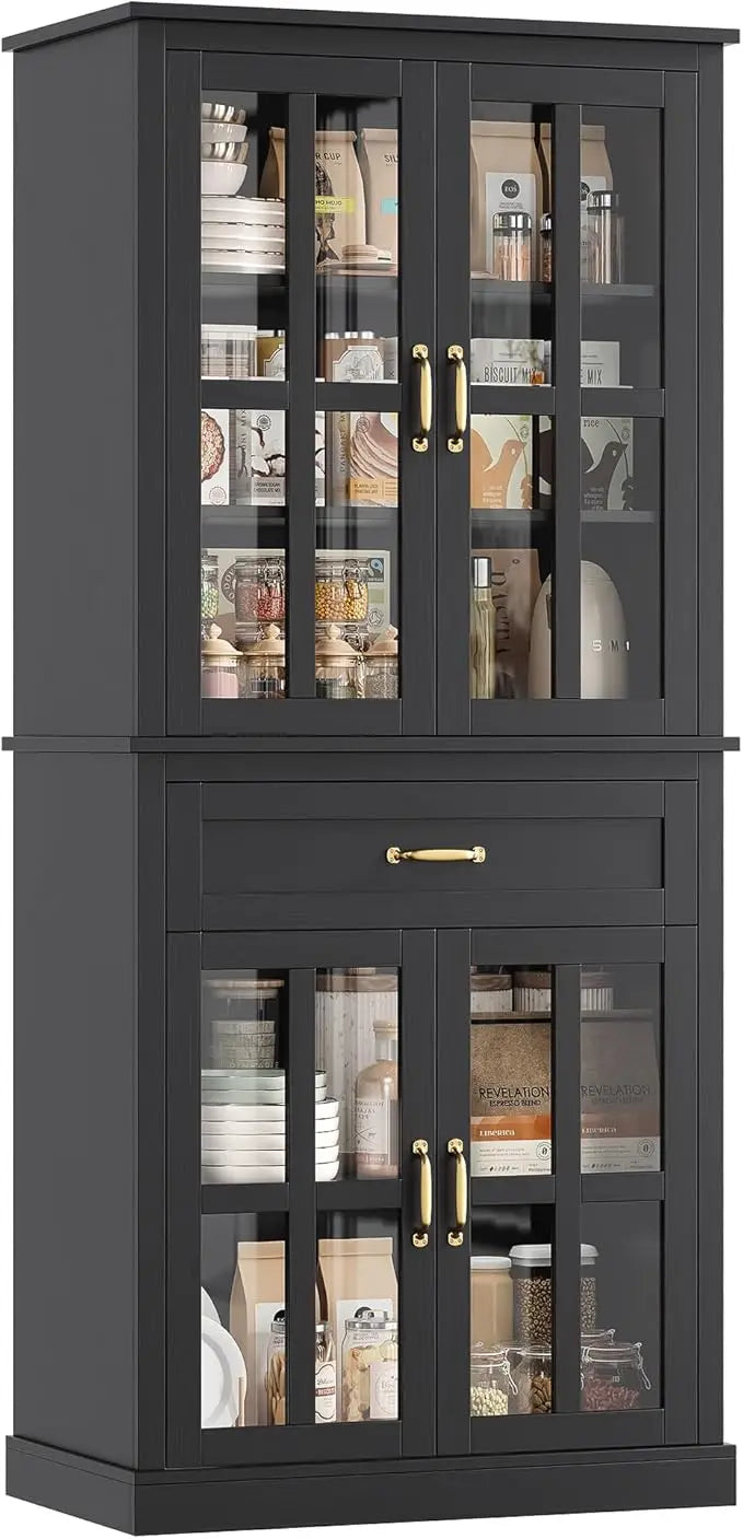 Tall Kitchen Cabinet With Glass Doors And Drawer Storage