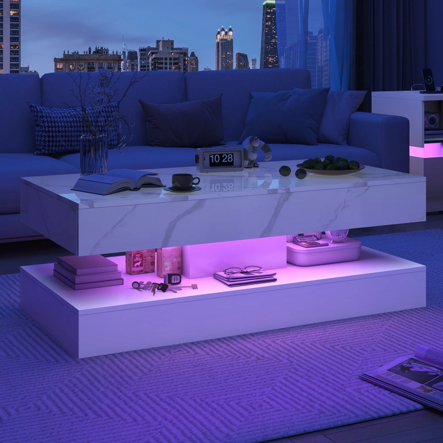QiaoShiRen Modern LED Coffee Table With Two Storage Drawers