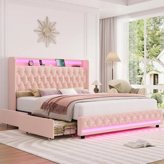 Wingback LED Bed With Charging Station And 4 Storage Drawers