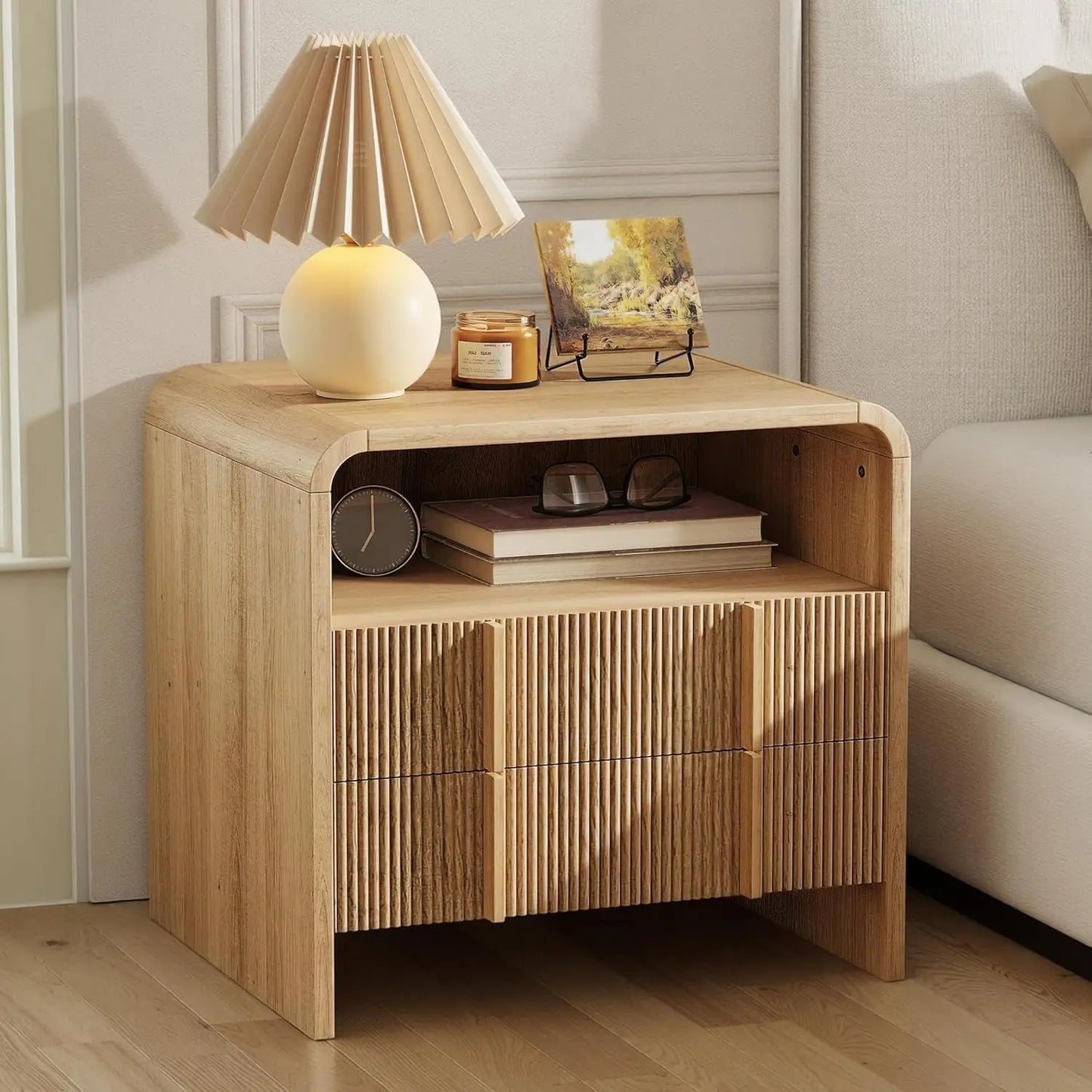 Fluted Front Nightstand With Storage Drawers And Open Shelf