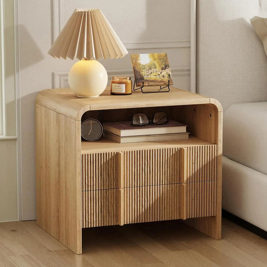 Fluted Front Nightstand With Storage Drawers And Open Shelf