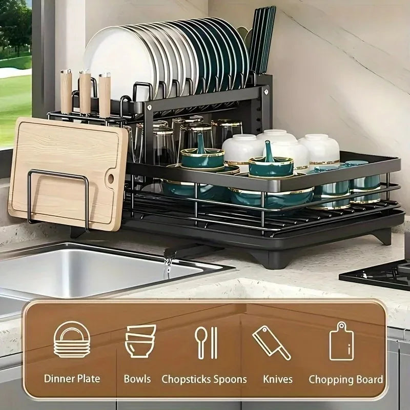 AEHOME Double Tier Extendable Dish Drainer Stainless Steel Kitchen Organizer