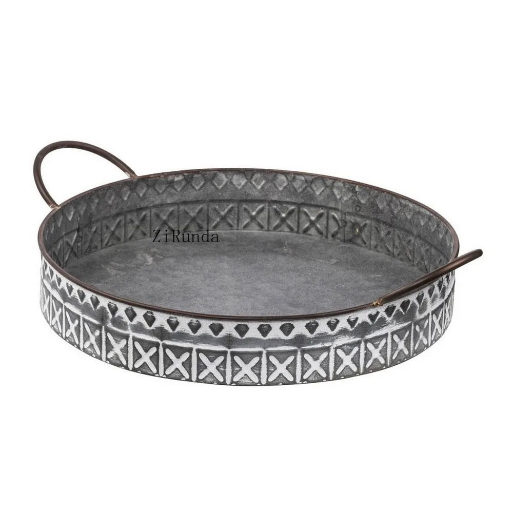 Round Iron Decorative Serving Trays With Handles Set Of 2