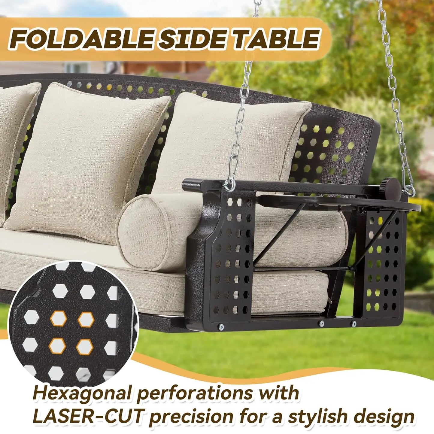 Three Seat Outdoor Porch Swing With Cup Holders And Cushions