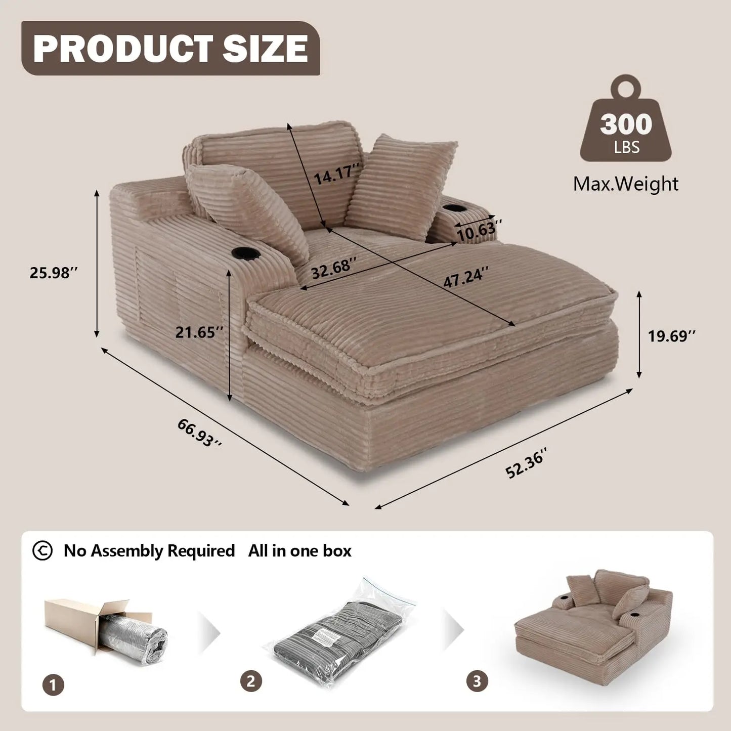 HUANZHUANG Chaise Lounge Chair With Pillows And Cup Holders