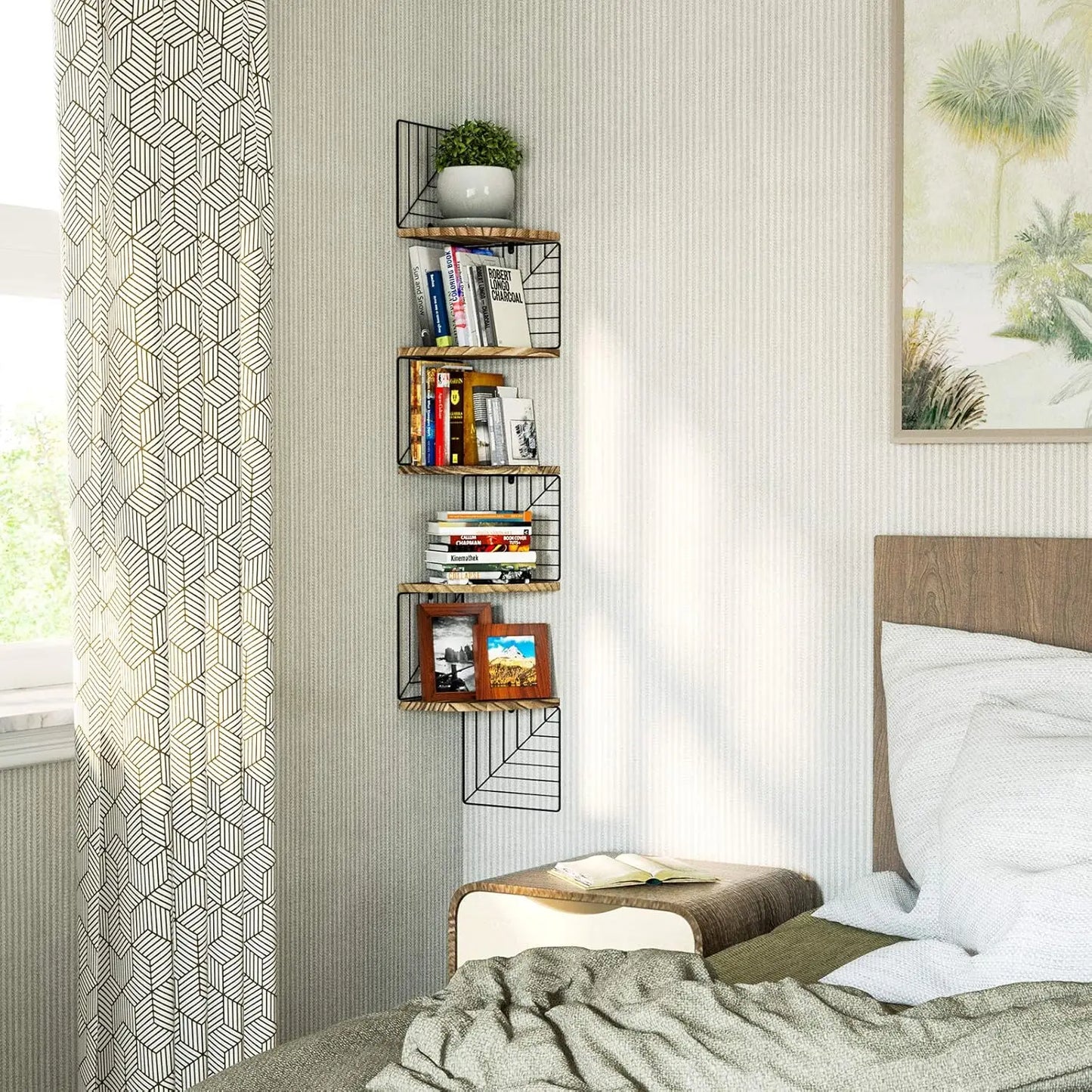 5-Tier Rustic Wood Corner Floating Shelves Wall Mount Storage