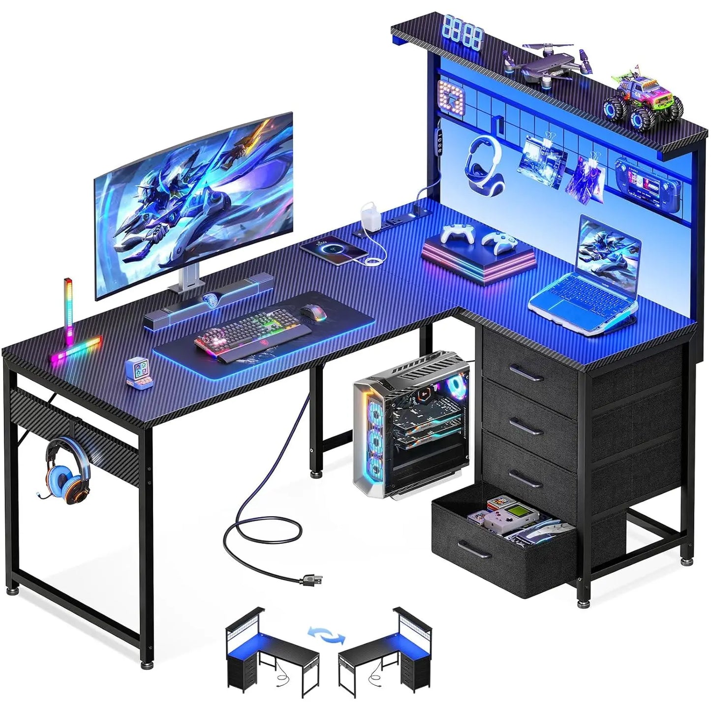 NONEDesk L Shaped Gaming Desk With Shelf Hutch 4 Drawers