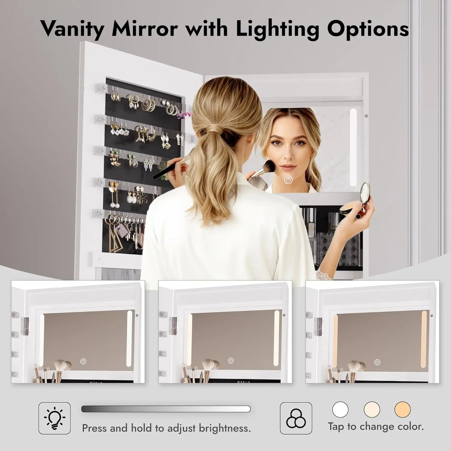 MOYU LED Mirror Jewelry Armoire Swivel Cabinet With Interior Lights