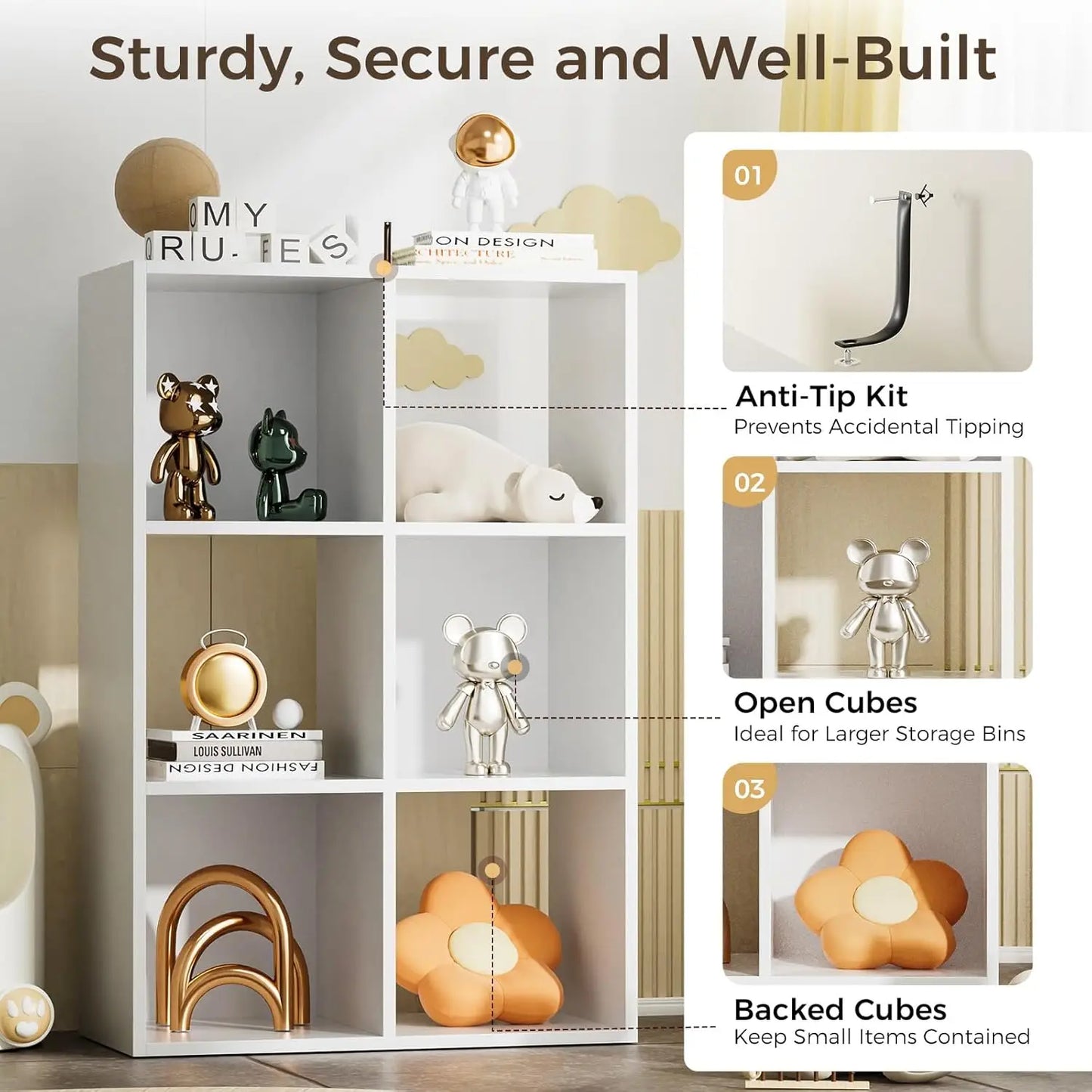 Six Cube Wood Storage Shelf With Removable Panels For Home Office Use