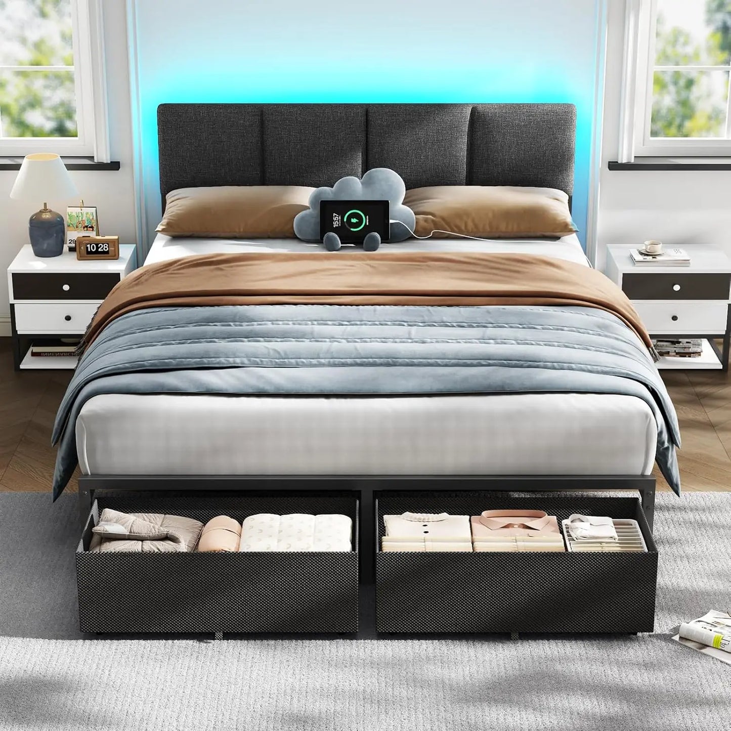 Queen Bed Frame With Adjustable Headboard And USB Storage Drawers