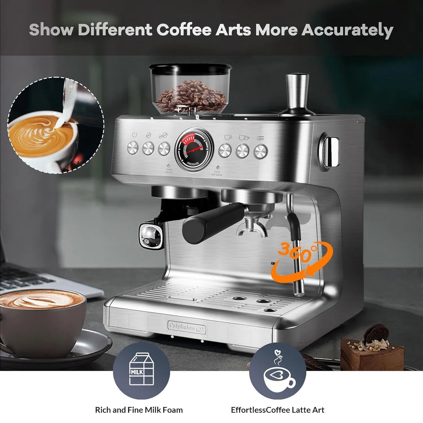 Acekool Espresso Machine With Grinder 20 Bar PID Milk Frother