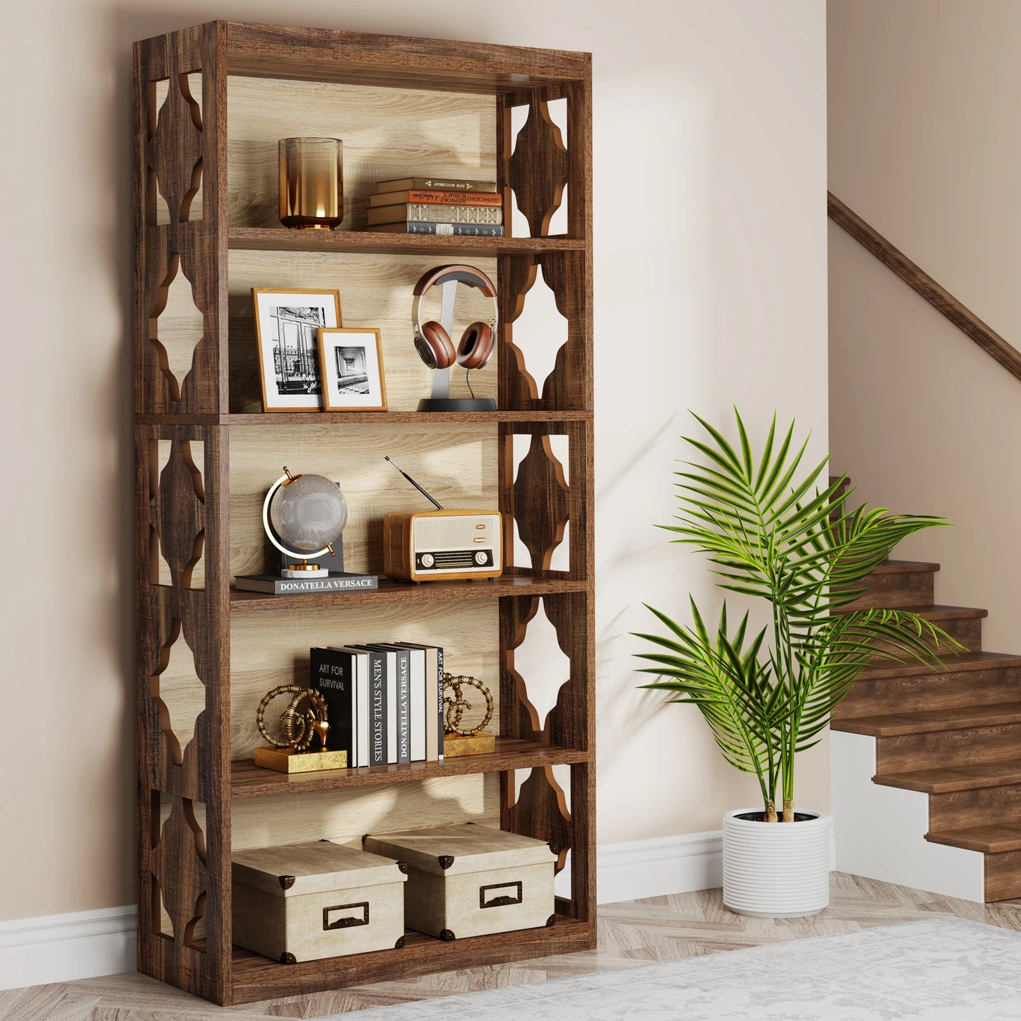 Tribesigns 5 Tier Floor Bookcase Industrial Wood Shelves