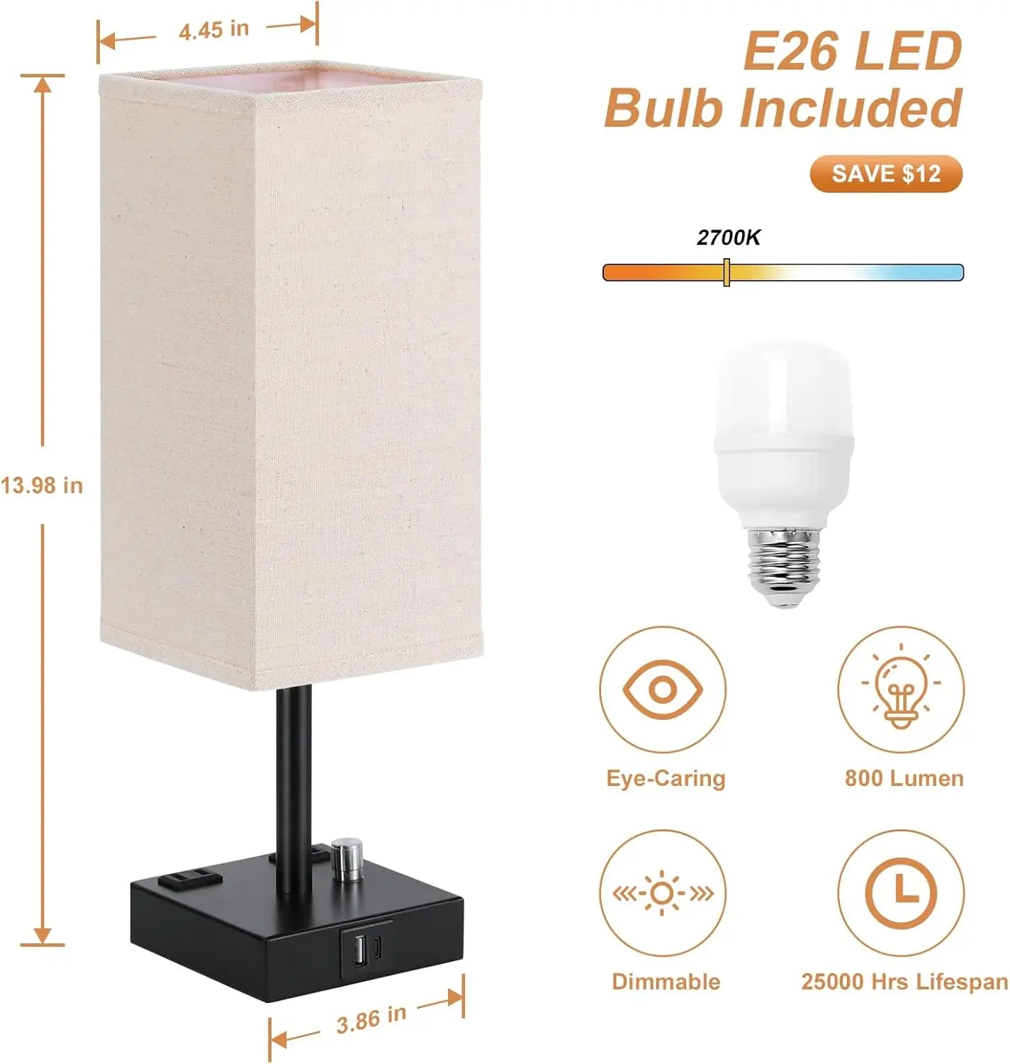 Fully Dimmable Nightstand Lamps Set Of 2 With USB C And USB A Ports