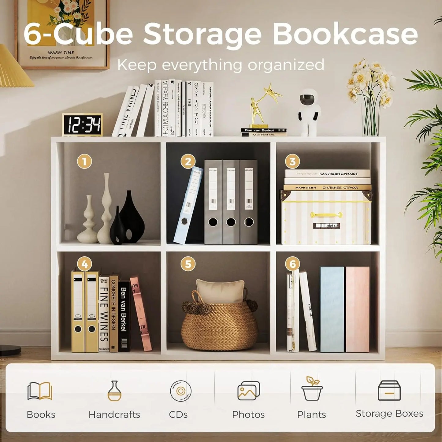 Six Cube Wood Storage Shelf With Removable Panels For Home Office Use
