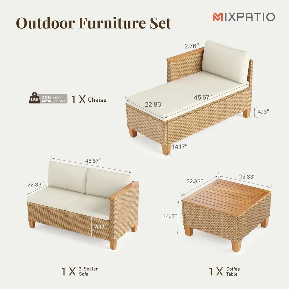 3 Piece Outdoor Patio Furniture Set LShaped Rattan Sofa Acacia Wood Coffee Table