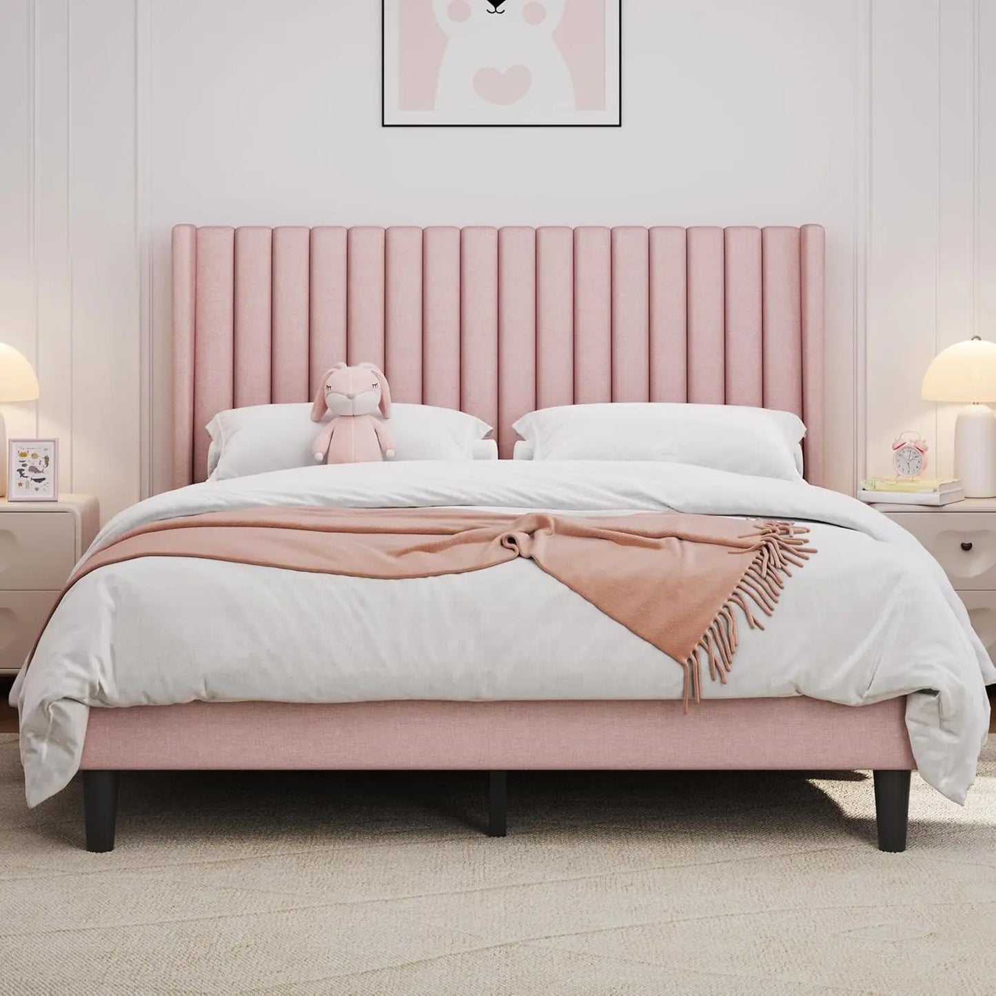 Upholstered Platform Bed Frame With Fabric Headboard Wood Non Slip
