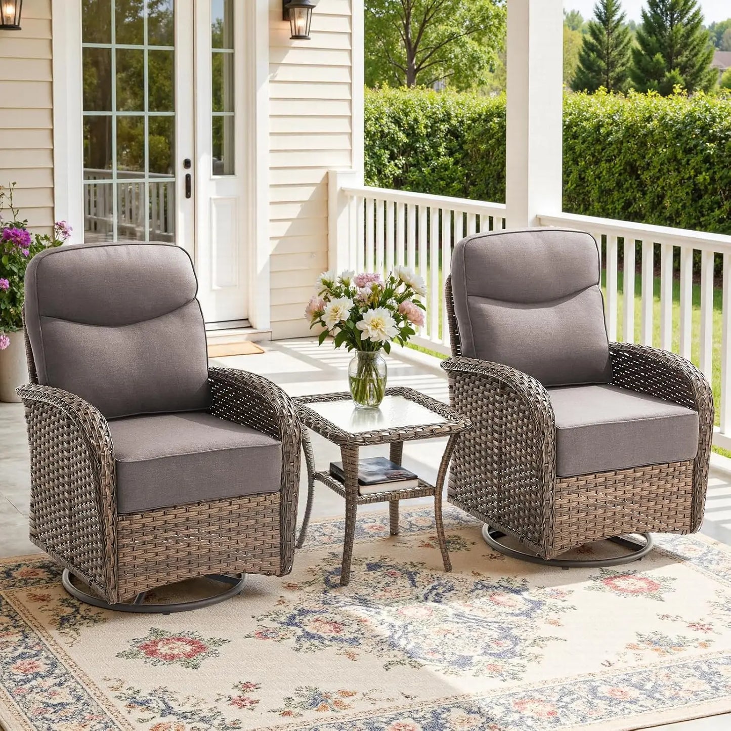 Three Piece Outdoor Patio Set With Cushions Swivel Rockers Table
