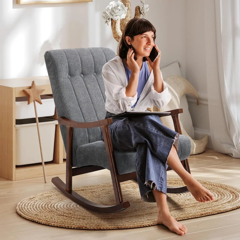 RBXC Upholstered Rocking Chair With Fabric Seat And Solid Wood Frame