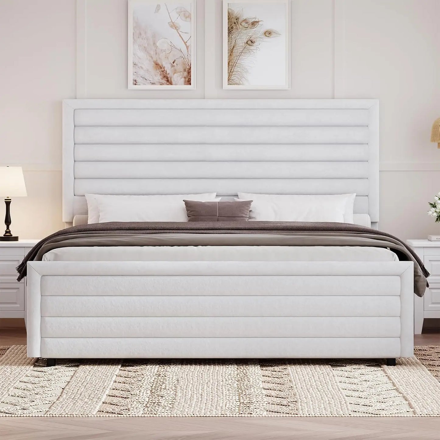 Upholstered Platform Bed Frame With Velvet Headboard And Footboard