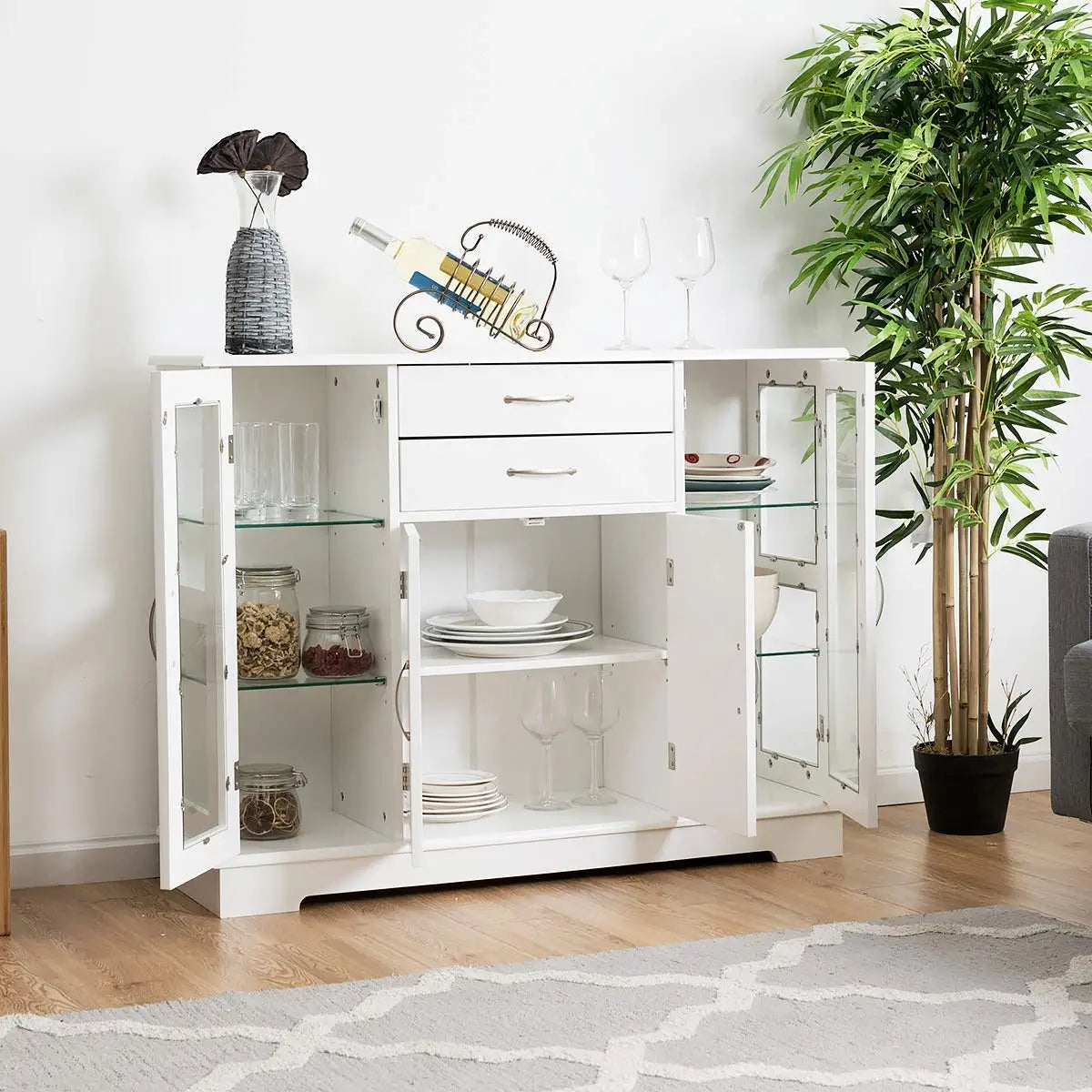 Storage Buffet Cabinet With Drawers And Three Glass Door Cabinets