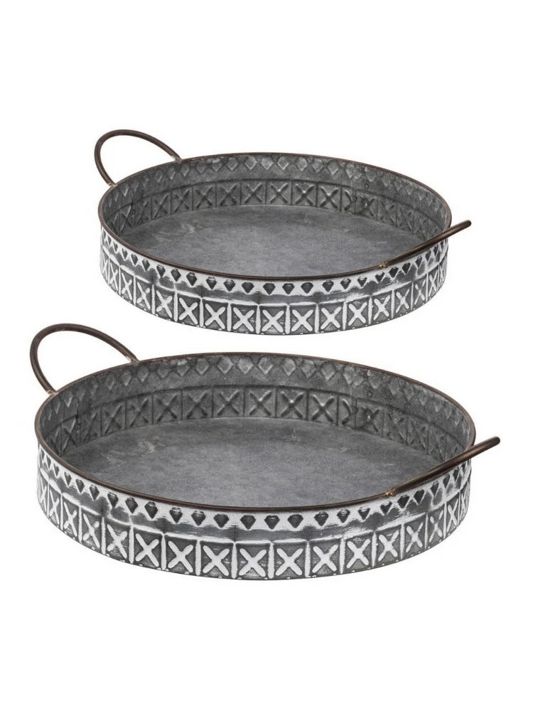 Round Iron Decorative Serving Trays With Handles Set Of 2
