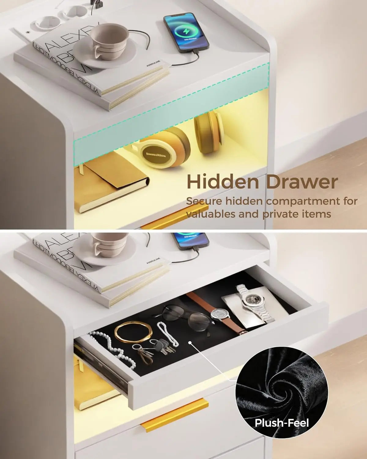 White LED Nightstand Hidden Compartment USB Type-C Charging 3 Drawers Bedroom Office 13.8x15.7x23.6 inch, Customized