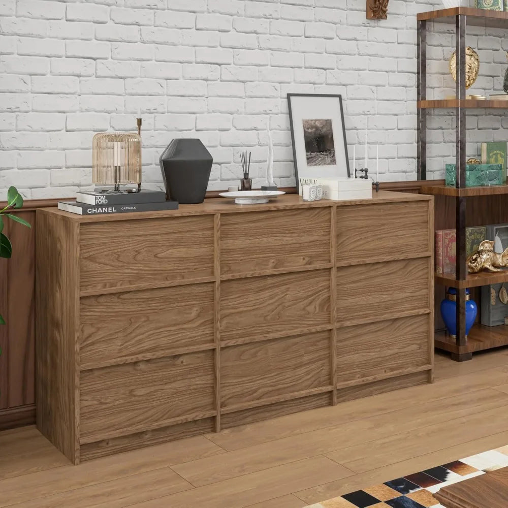 Walnut 9 Drawer Dresser For Bedroom Modern Wooden Storage Chest