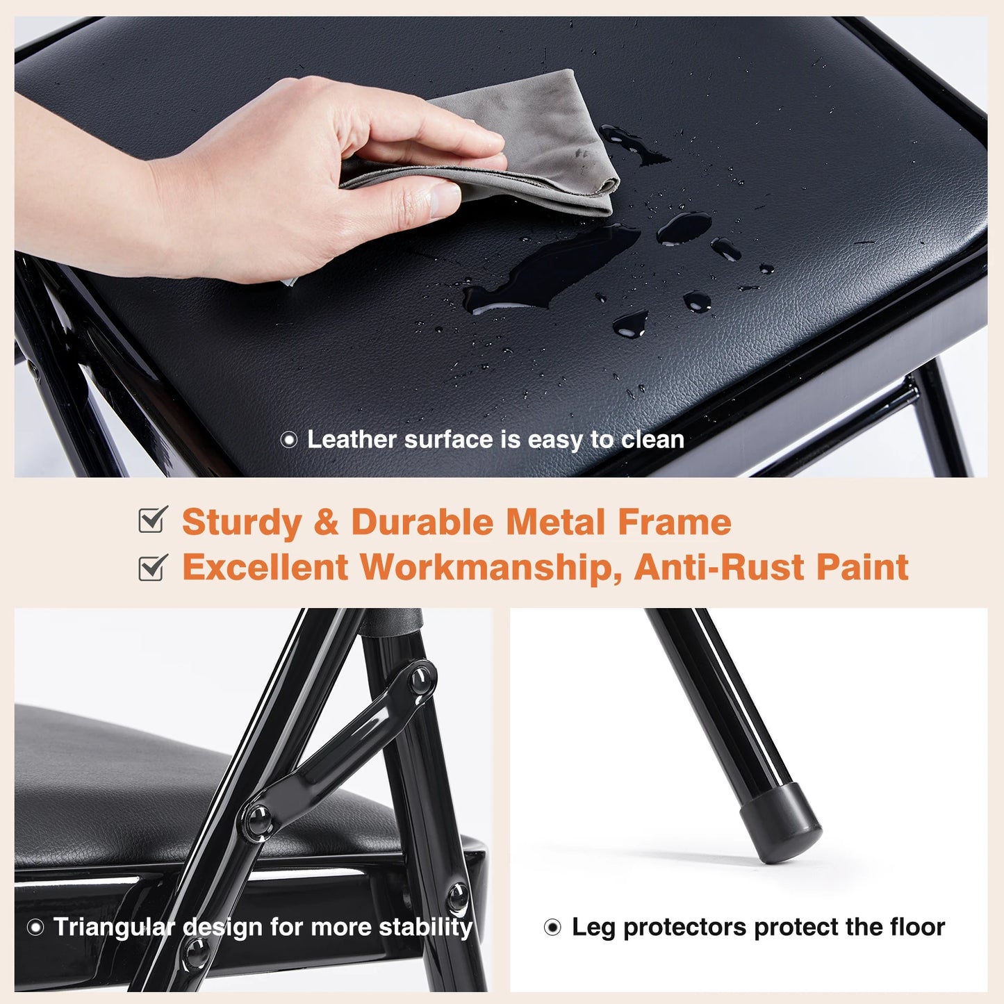 JHK Leather Padded Folding Chairs 4 Pack Metal Living Room