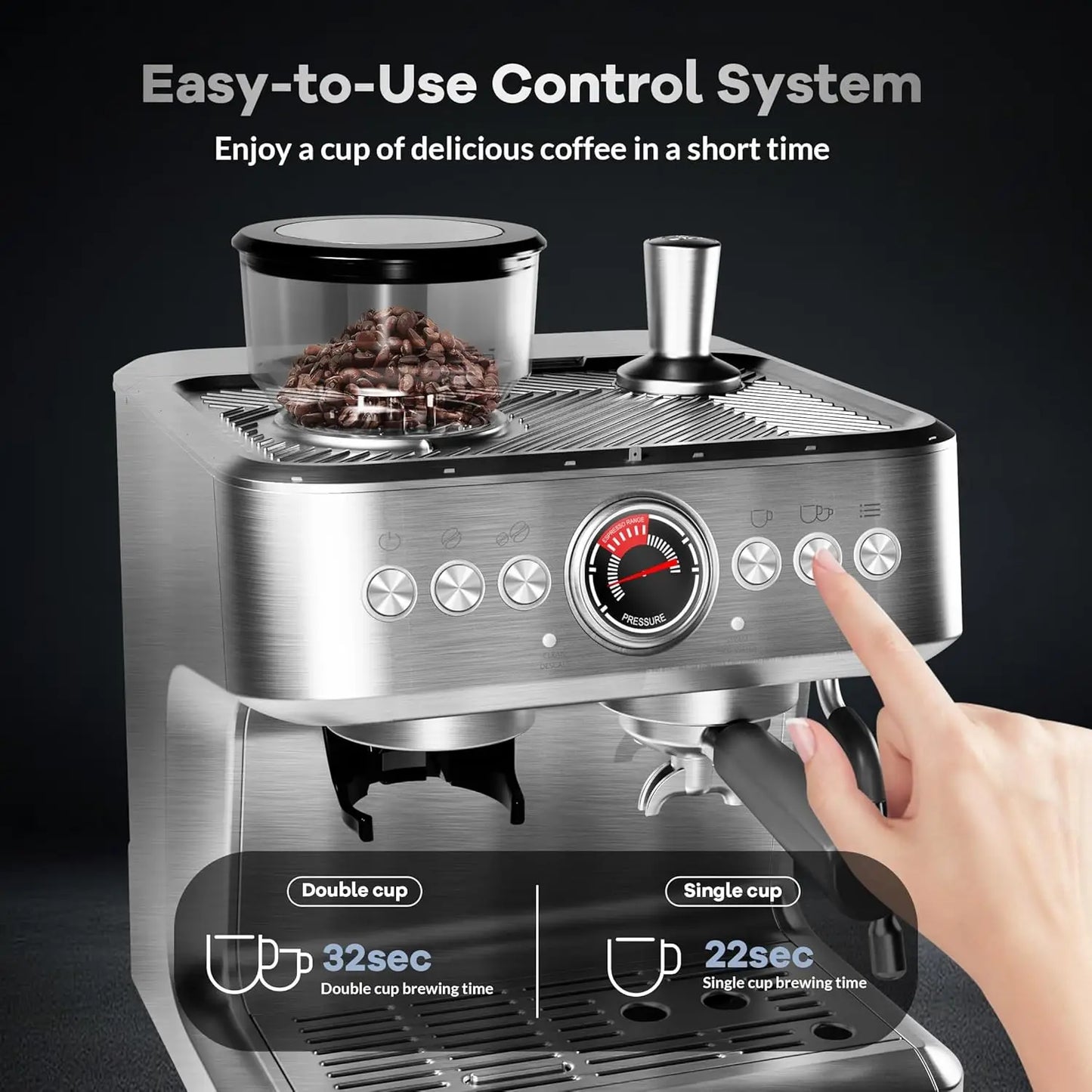 Acekool Espresso Machine With Grinder 20 Bar PID Milk Frother