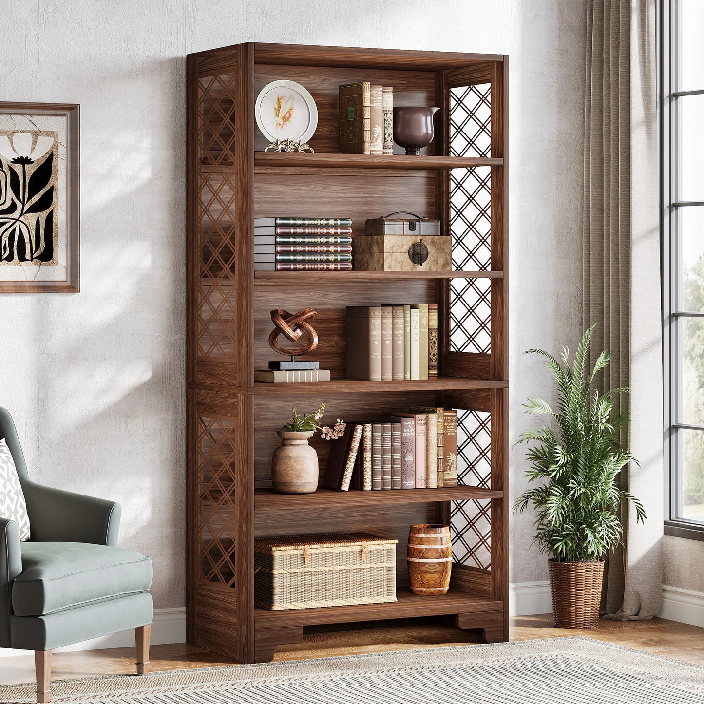 Tribesigns 5 Tier Floor Bookcase Industrial Wood Shelves