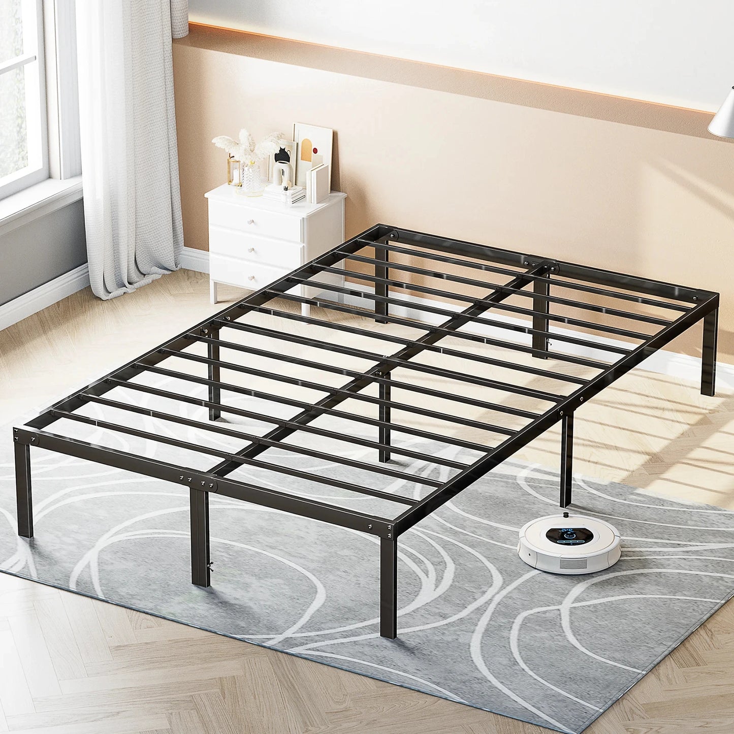 JHK Metal Platform Bed Frame with Storage and Slat Support