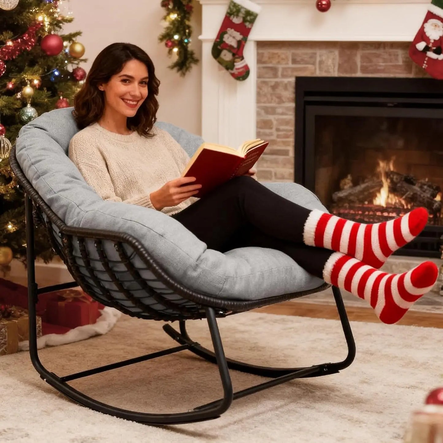 Outdoor Rocking Chair With Padded Cushion And Wicker Frame