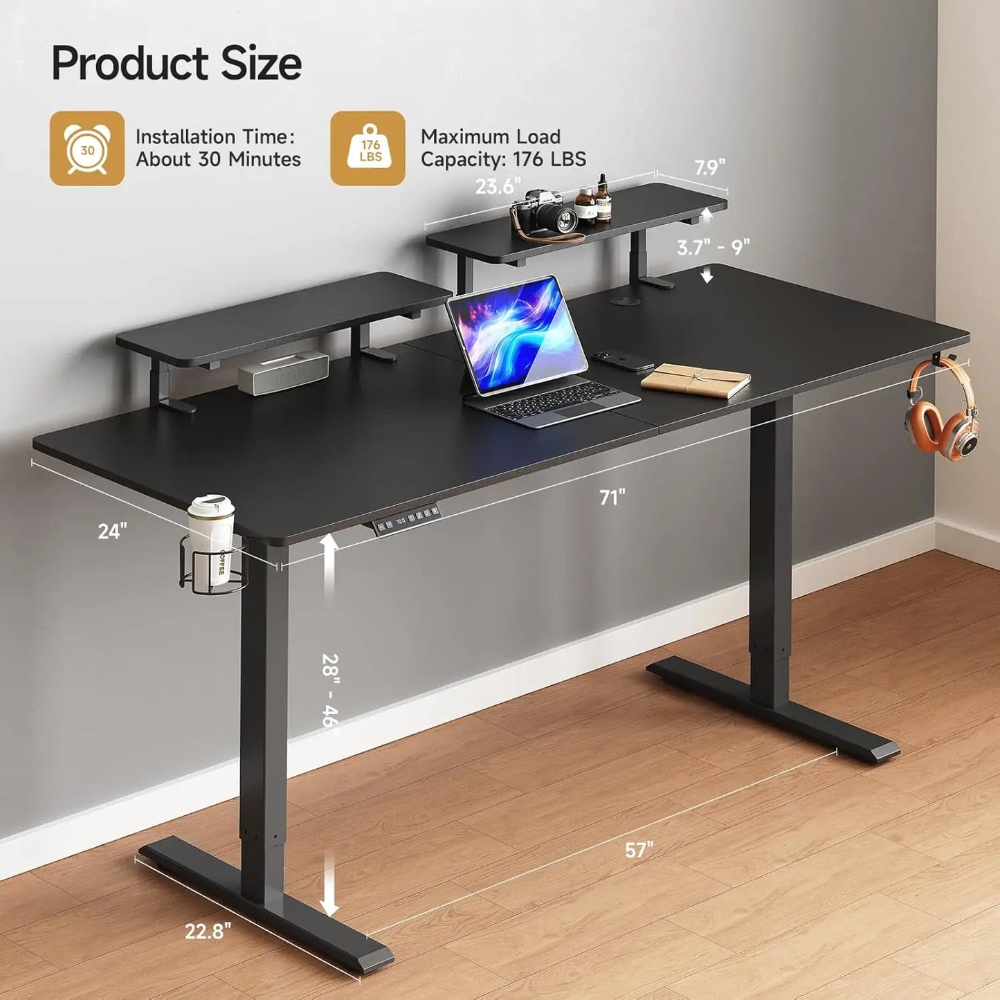 ONBRILL Standing Desk Electric Height Adjustable With Monitor Shelves