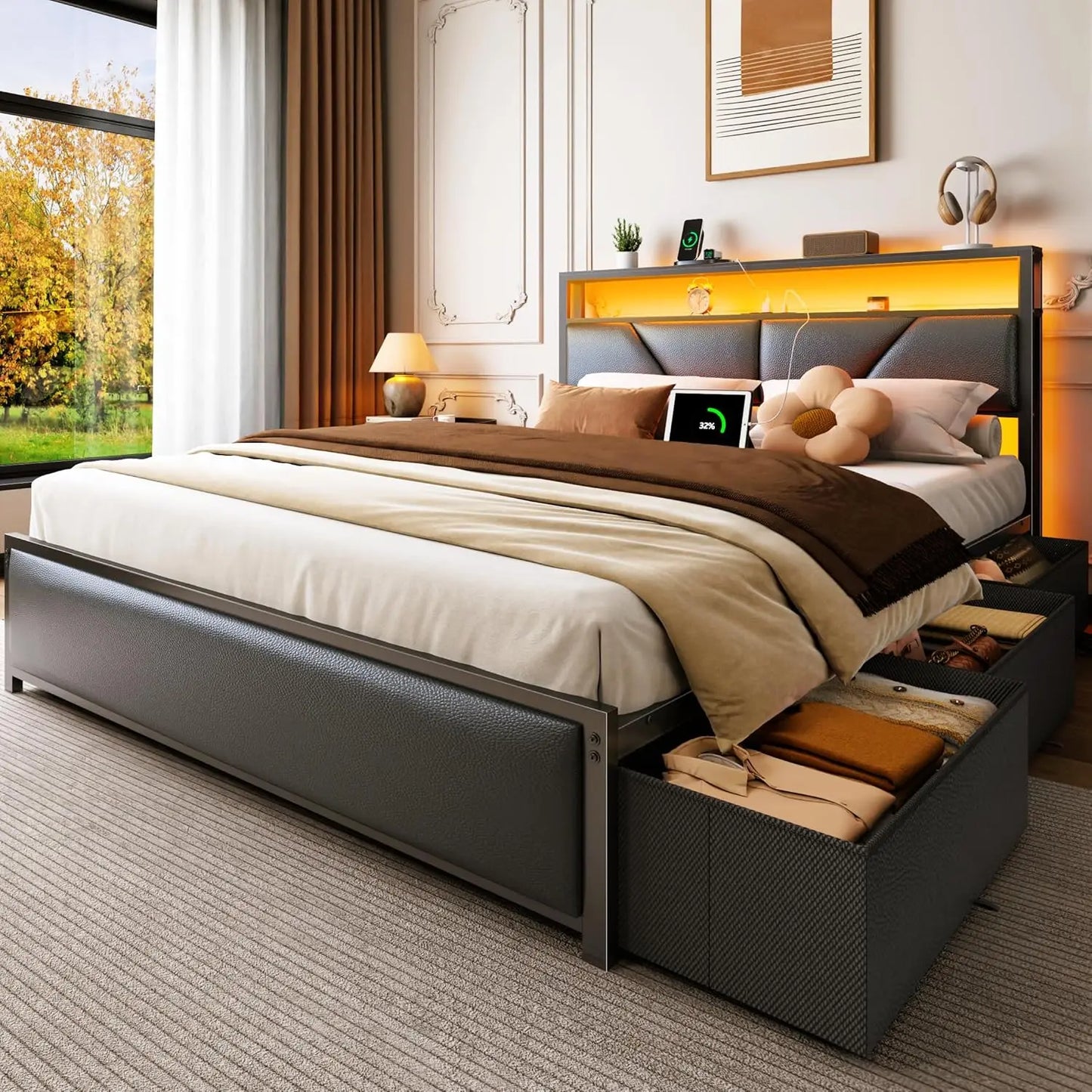 Queen Bed Frame With 2 Tier Storage Headboard And Drawers