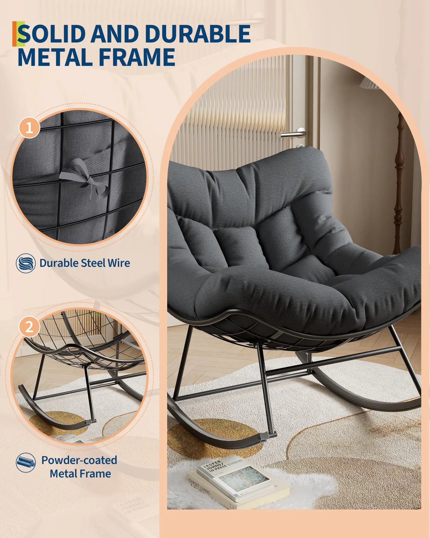 HiMISS Outdoor Papasan Rocking Chair With Ottoman And Weatherproof Cushion