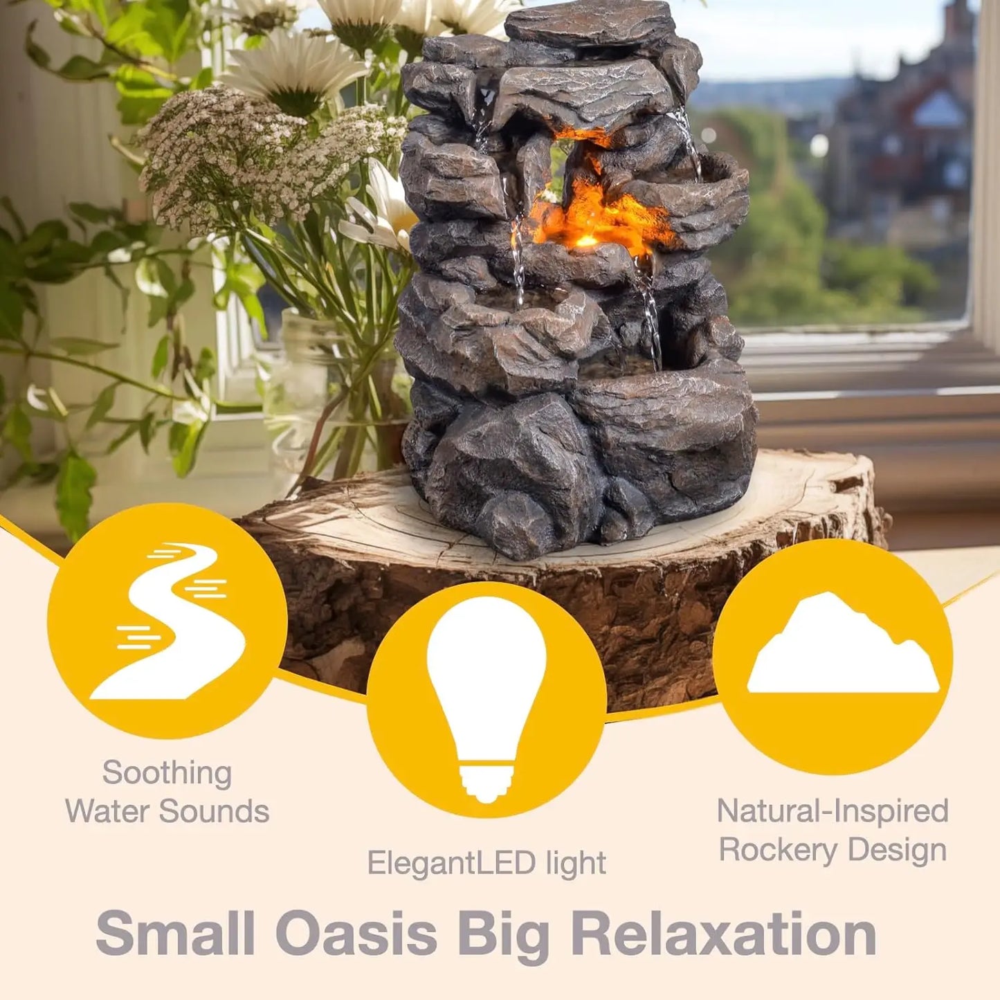 Indoor Tabletop Water Fountain Rockery Waterfall Quiet Relaxing Sound