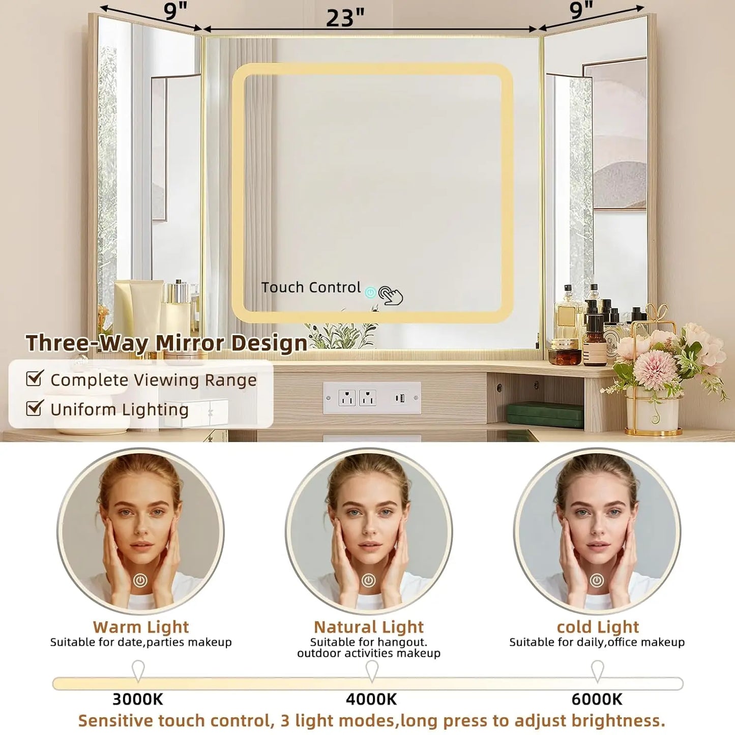 Boho Corner Vanity Desk With 3 Way Mirror Glass Lights