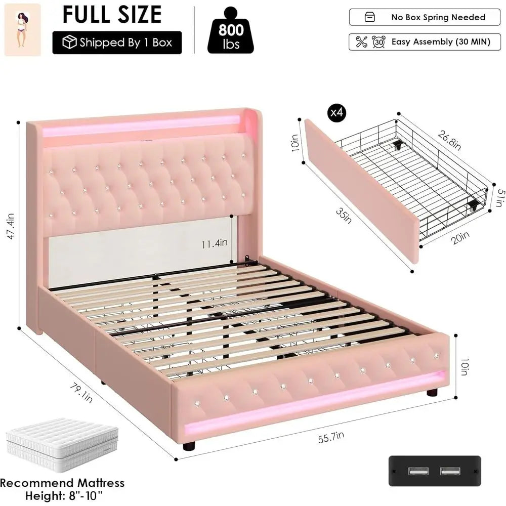 Wingback LED Bed With Charging Station And 4 Storage Drawers