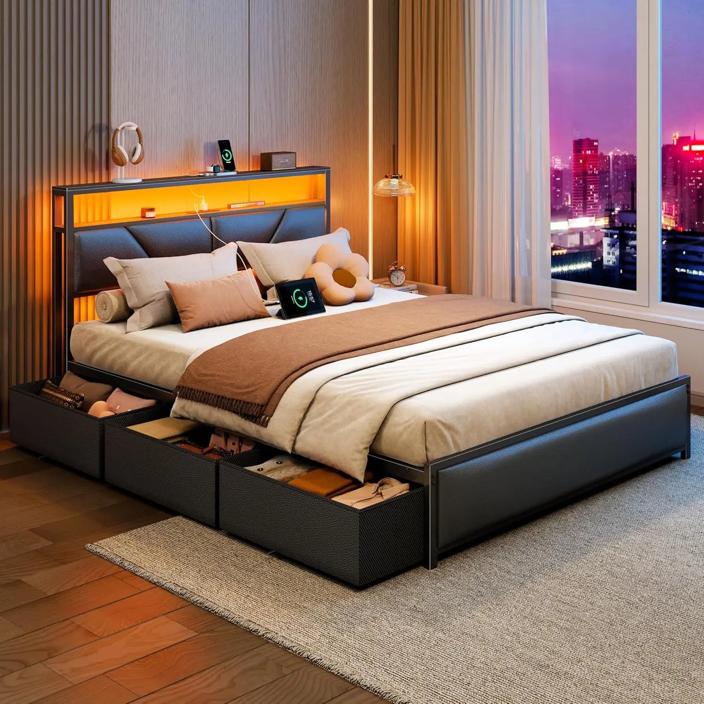 Queen Bed Frame With 2 Tier Storage Headboard And Drawers