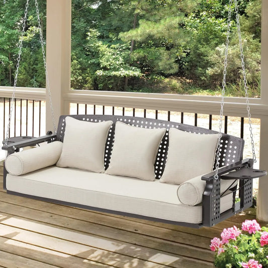 Three Seat Outdoor Porch Swing With Cup Holders And Cushions