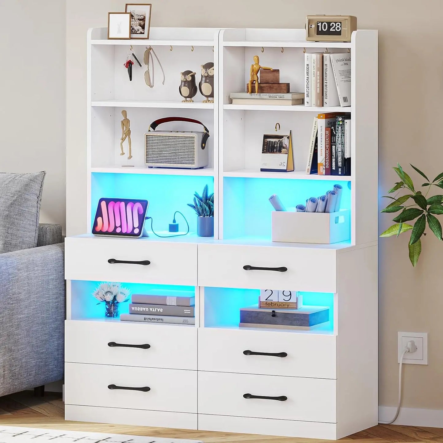 GUANGBAI Nightstand Set of 2 with Charging Station LED Lights