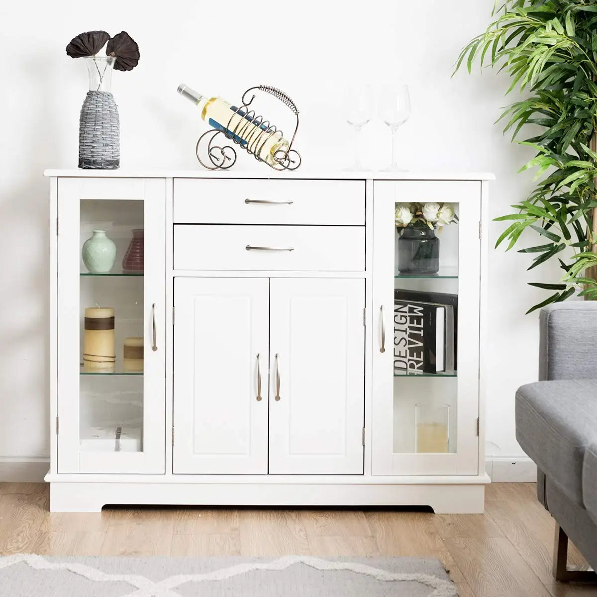 Storage Buffet Cabinet With Drawers And Three Glass Door Cabinets