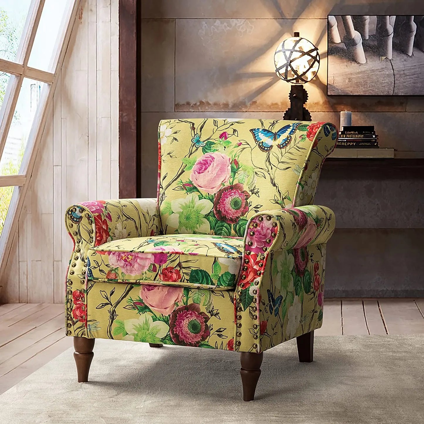 Wingback Accent Chair With Wood Legs And Nailhead Trim