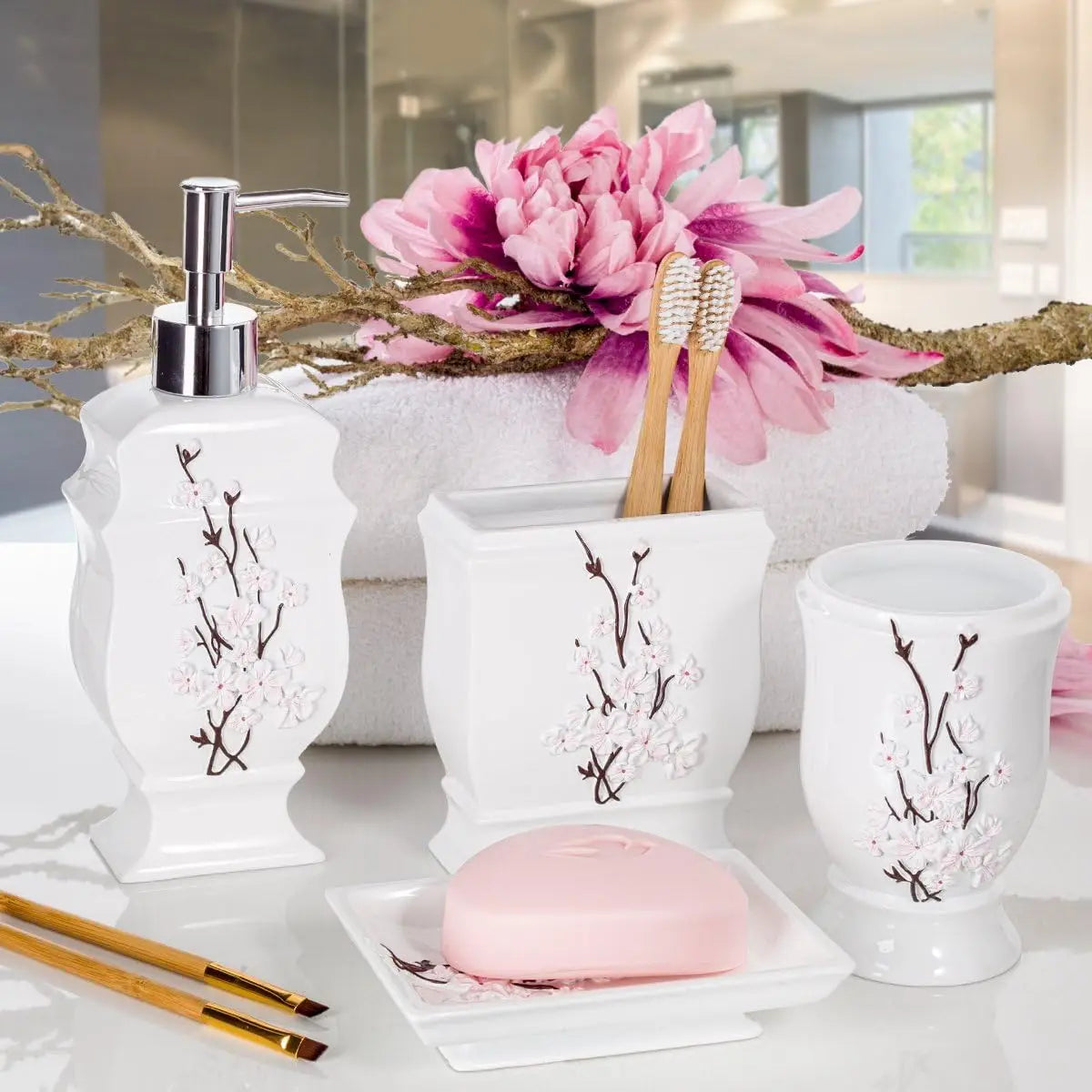 Cherry Blossom 4 Piece Bathroom Accessories Set